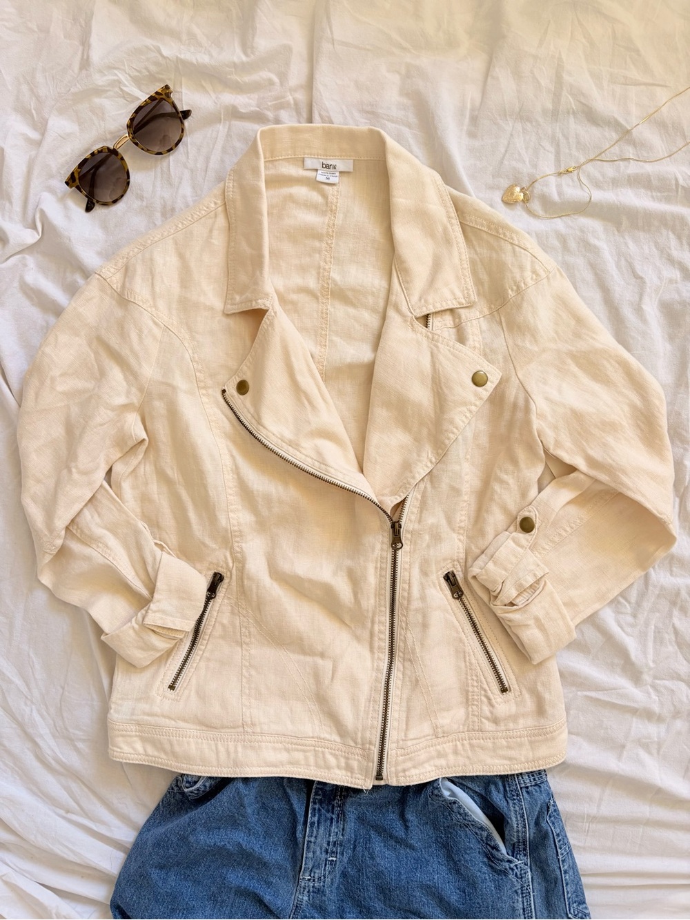 Bar III 100% Linen Cream Asymmetrical Moto Jacket Zip Pocket Roll Tab Medium NWT